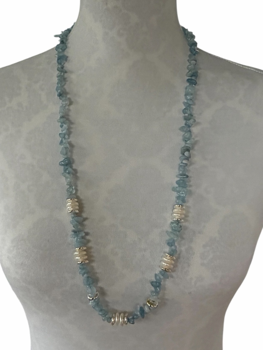 Talbots Aqua Blue Chip Stone and Pearl Beaded Necklace | Like New